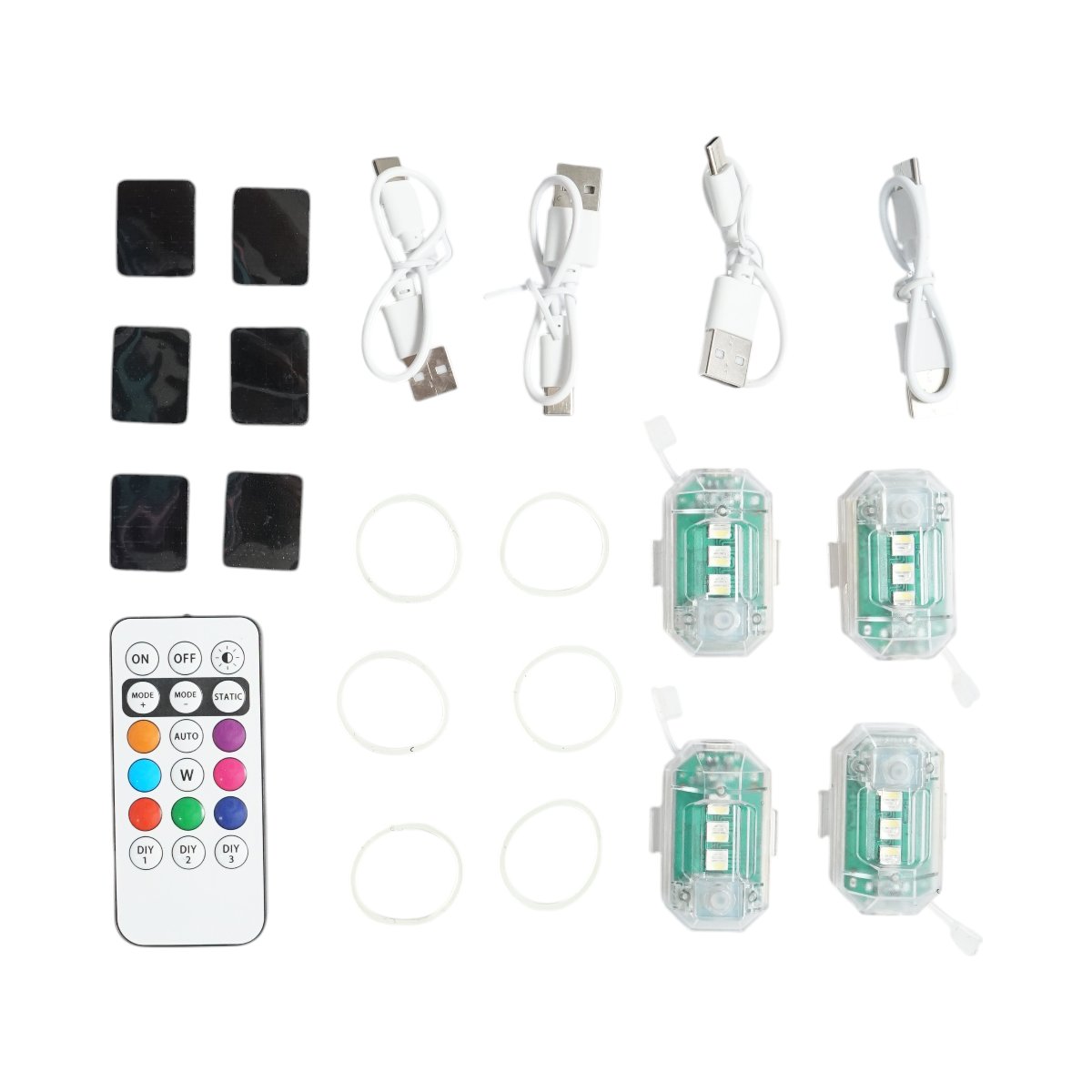 Set 4 lampi LED RGB stroboscopice cu telecomanda, 10 moduri, 8 culori, baterie litiu 150mAh reincarcabila USB-C IP65